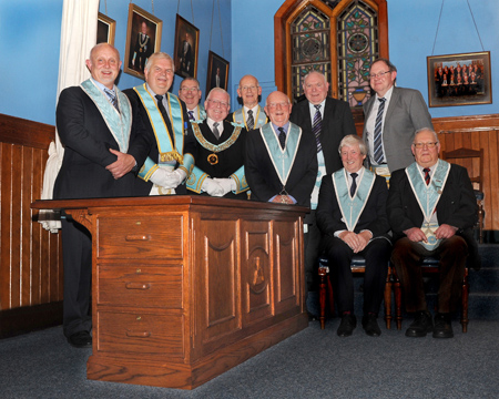 Officers of Lodge 470 with visiting Brethren at the Desk dedication.
