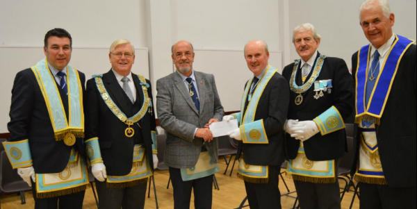 WBro Alastair Patterson, RWBro Joe Fleming PAGM, WBro Jack Rodgers Chairman NICLT, WBro Harold Mc Kee Prov.Steward of Charities,<br /> RWBro Frank Arnold- PDGM, RWBro Harry Friar.