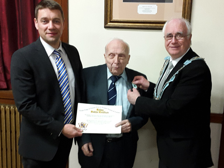 WBro.Ashley Wilkin W.M. Lodge 586, WBro. Cecil Stevenson 586, and RW.Bro. Maurice Lee PGM